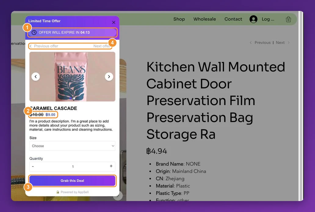 An AppSell upsell popup on a Wix product page, with a countdown timer and a Grab this deal button