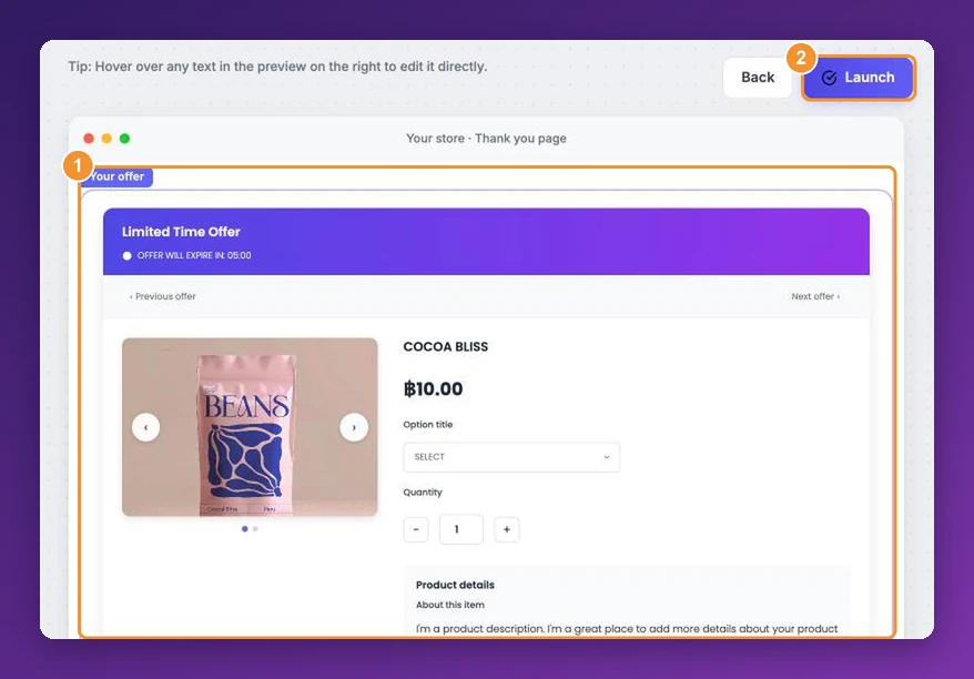AppSell thank-you page offer editor showing a limited time offer for a coffee product