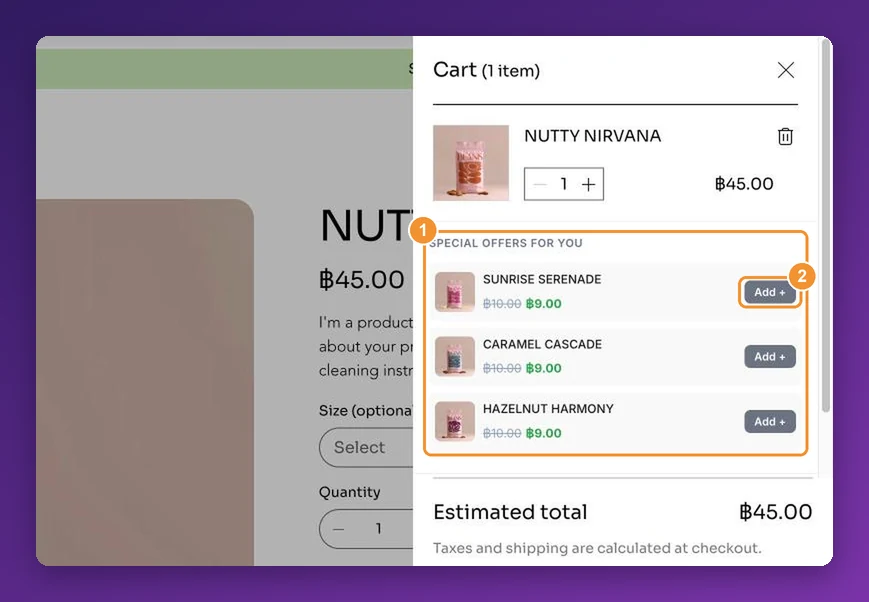 A Wix side cart with three discounted coffee add-ons under Special offers for you, each with an Add button