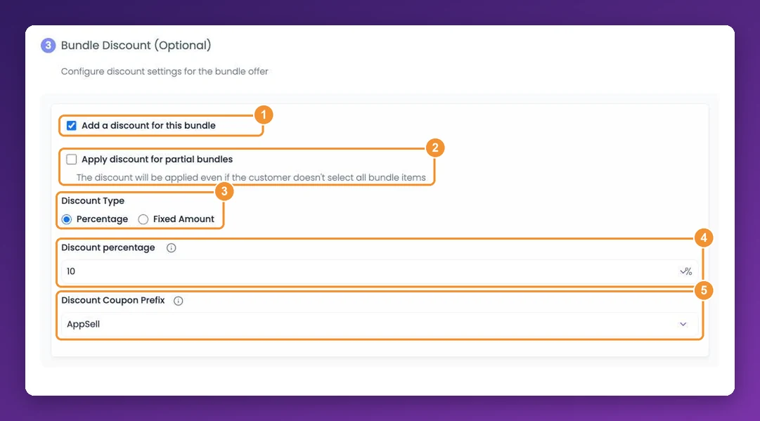 AppSell bundle discount settings: add a discount for this bundle, percentage or fixed amount, and a coupon prefix