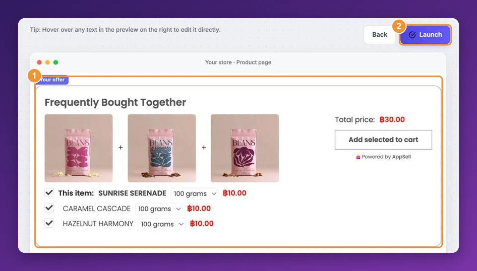AppSell frequently bought together editor with a live preview of three coffees, a total price and an Add selected to cart button
