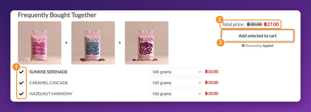 A frequently bought together set of three coffees with checkboxes, a discounted total price and an Add selected to cart button